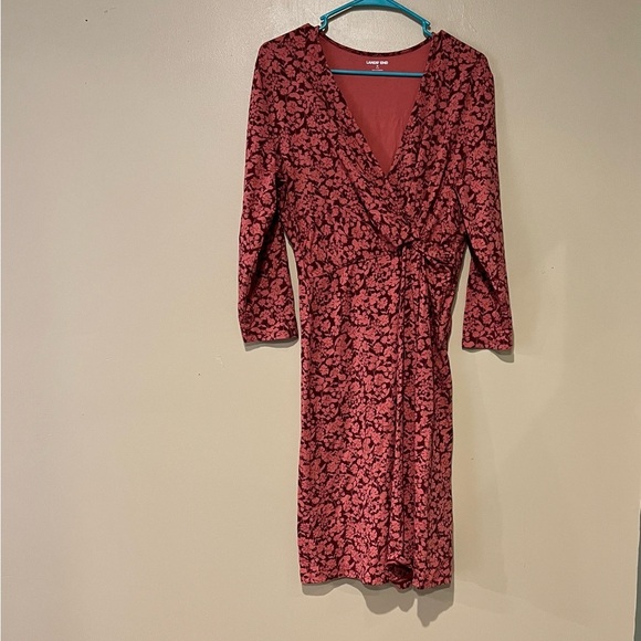 LAND'S END LONG SLEEVE DRESS Ponte Knit Faux Wrap Dress SIZE M Pink Floral - Picture 1 of 8